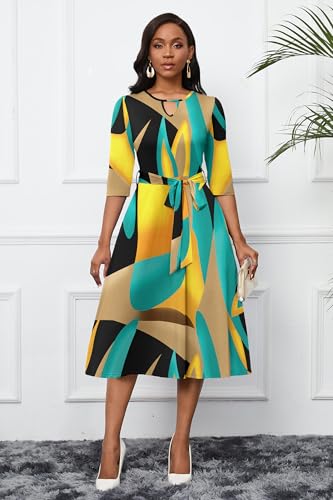 Image of CLOCOR Midi Dresses for Women Casual A-Line Fit and Flare Dress Crewneck 3 /4 Sleeve Keyhole Cocktail Party Church Dress