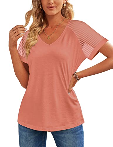 T Shirts For Women Dressy Casual V Neck Tops Short Sleeve Mesh Patchwork Sleeve Xl Coral #TOP3