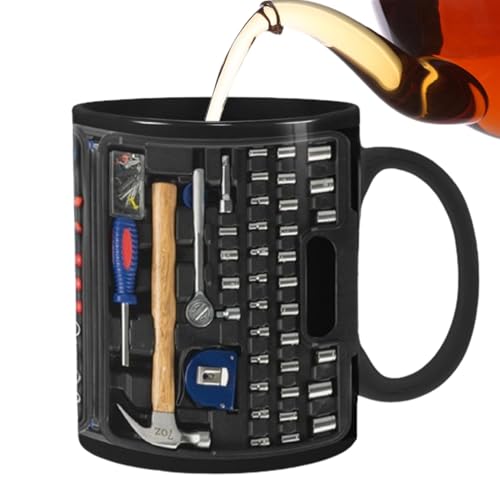Taza de caf divertida, taza de caf - Divertida taza de té de cerámica negra - Taza de caf grande con caja de herramientas para mec a m quina para sopa, cerveza, whisky, vino, agua, de fr