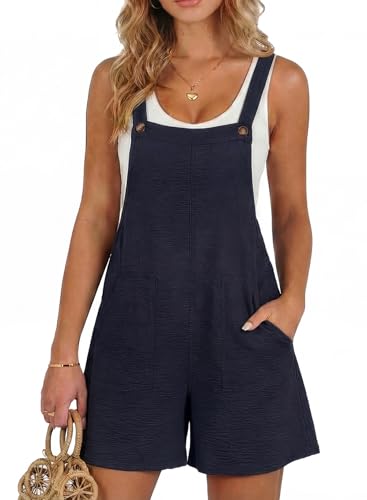 Dokotoo Rompers for Women 2026 Casual Loose Short Overalls One Piece Sleeveless Jumpsuits for Women Stretchy Wide Leg Short Pant Rompers Jumpsuit with Pockets Solid Summer Outfits Blue Large
