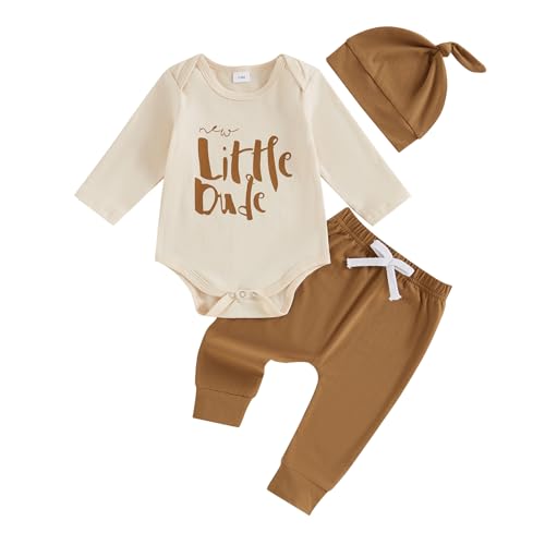 Image of Madjtlqy Little Dude Newborn Baby Boy Fall Clothes Long Romper Bodysuit Jogger Pants Set 3Pcs Infant Coming Home Outfit