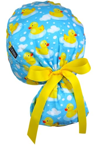 Image of Scrub Cap for Women and Men, Ponytail Scrub Caps, Working Hat, Head Cover with Ribbon Ties and Buttons, Long Hair