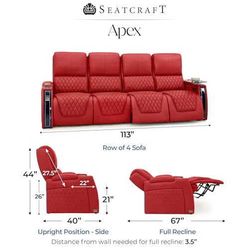 Image of Seatcraft Apex Red Italian Leather Home Theater Seating, Zero Gravity Power Recliner, Powered Headrest and Lumbar Gaming and Home Office Chair, Lounge Sofa Furniture for Cinema Room, Row of 4 Sofa