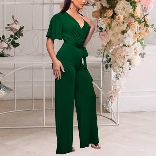 Image of PaladMom Womens Elegant Plus Size Jumpsuits Sexy Back zipper Short Sleeve Mid Waist Wide Leg Straight Rompers