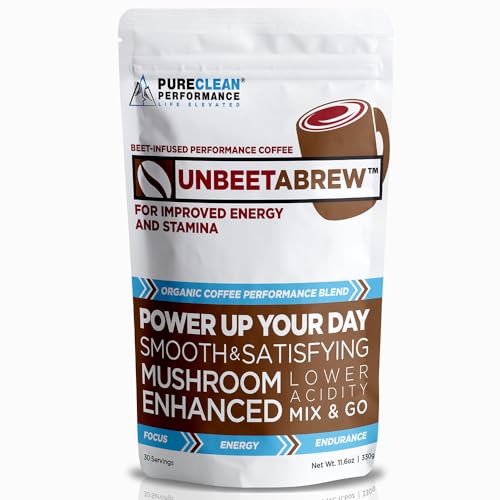 PureClean Performance UNBEETABREW Performance & Health Instant Coffee - Keto Mushroom Coffee with Beetroot, L-Theanin & Ribose - Energy, Focus, & Stamina - Vegan, Organic, USA Made (1 Bag 30 Servings)