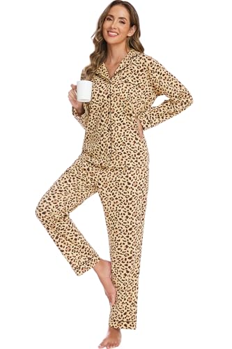 Image of LUBOT 100% Cotton Pajamas for Women Pajama Set 2 Piece PJ Sleepwear Set Soft Ladies Button Knit Long Sleeve Loungewear XS-XXL