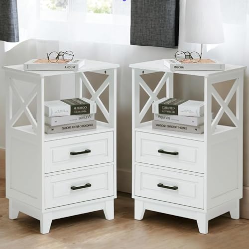 FansaFurn Tall Nightstand Wooden Rustic Bedside End Table for Bedroom, Living Room, 13' D x 18' W x 28' H(Set of 2), White
