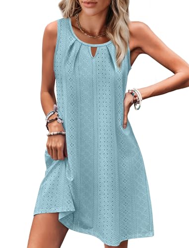 Image of RUMIA Swimsuit Coverup for Women Summer Sleeveless Beach Dress | Crew Neck, Pockets, Eyelet, Boho, Above knee Length, A-Line. Everyday wear, Sundresses, Cruise Wear, Vacation essential