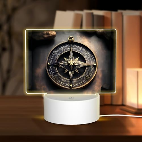 PHAYAH Diseño mágico nórdico con patrón de brújula, luz nocturna rectangular, base LED con cable USB ajustable, 3 colores para adultos, habitación infantil y dormitorio