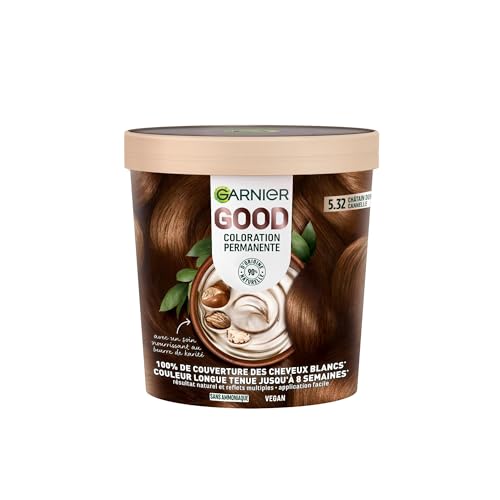 Garnier - Tinte permanente para el cabello – Sin amoniaco – 90% ingredientes naturales y fórmula vegana – Manteca de karité – Cobertura 100% blanca – Canela marrón dorado (5,32) – Good