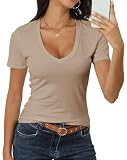 Roselux Women Short Sleeve Deep V Neck Tops Shirts Fitted Cotton Modal Summer Sexy Tshirt Tee Khaki Beige Tan M