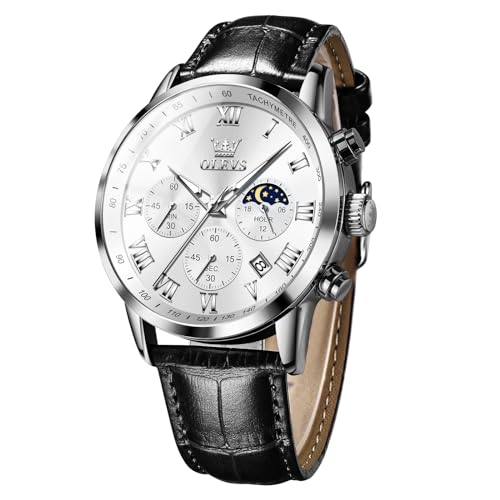 Olevs 腕時計 メンズ クロノグラフ 防水夜光 ブラック革ベルト ビジネス クオーツ うで時計 アナログ ローマ数字 見やすい Watch for Men 日付 ファッション とけい メンズ腕時 計 お洒落 ホワイト文字盤 軽量 ストップウォッチ 固い 大きい男性腕時 計