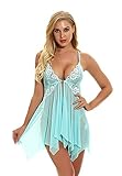 Strap Lace Lingerie Dress for Women Halter Front Closure Babydoll Nightwear Sexy V Neck See Through Chemise Nightie (Light Green,Medium)