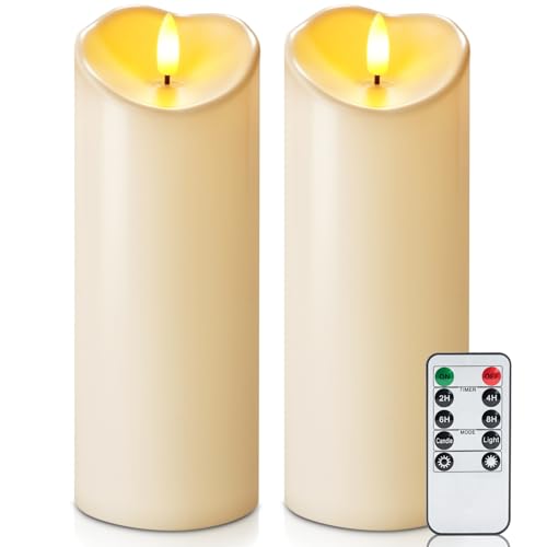 Image of Homemory 3 inchx8 inch Outdoor Waterproof Flameless Candles, LED Candles, Battery Operated Candles with Remote and Timers, Electric Fake Plastic Pillar Candles, Dark Ivory, Set of 2
