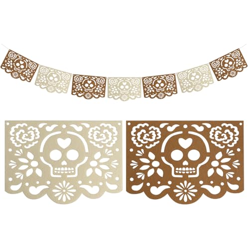 flangairy Day of The Dead Banner, 8.2×5.9 Inchs Felt Papel Picado Dia De Los Muertos, Mexicano Para Fiesta Decorations, White Brown Skull Mexican Banner Party Home Decor