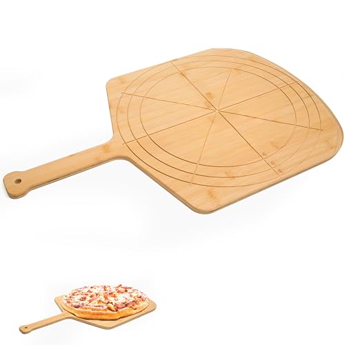 Image of Wooden Pizza Peel 14 Inch Board with Engraved Sizes - Multi-Purpose Bamboo Pizza Cutting Board, Wood Pizza Peel, Pizza Spatula Paddle, and Serving Board with Size and Cutting Guide