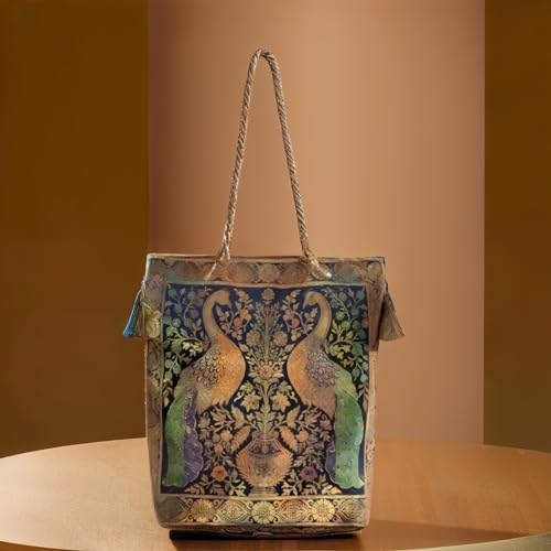 Image of Rhaa Double Peacock Banarasi Design Tote Bag, Indian Stylish, Medium Size for Women