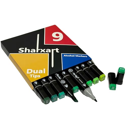 Sharxart Green Alcohol Markers, 9pcs Dual Double Tips Fine Tip