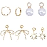 SUNNYCLUE 1 caja, 8 piezas, Pendientes de Aro Pequeños Chapados En Oro de 14 quilates Y Conjunto de Dijes. Pendientes de Aro Pequeños para Mujer, Modernos, Hipoalergénicos, con Dijes Colgantes de Lazo