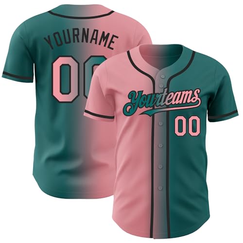 Custom Baseball Jerseys Personalized Button Down T Shirt with Team Name Number Stitched or Printed, Aqua Green and Medium Pink Gradient Sports Team Practice Uniforms for Youth Women Men Boys Girls