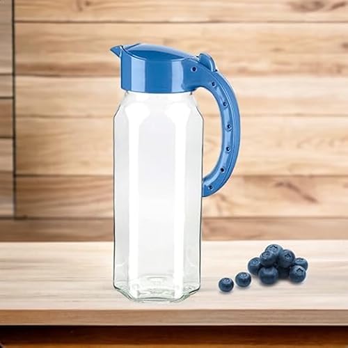 4All Brocca in vetro con coperchio rimovibile, brocca per acqua in vetro da 1,5 litri per limonata, latte, succo, tè, caffè, bevande (blu)