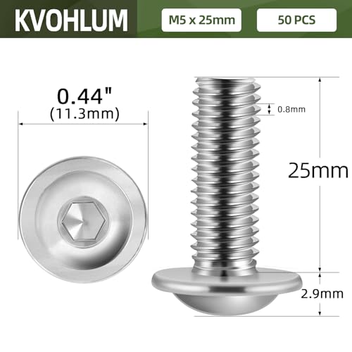 Image of M5-0.8 x 25mm 50 PCS Flanged Button Head Socket Cap Bolts Screws, Stainless Steel 304, Allen Socket Drive, Screwdriver Bit Included, Bright Finish, Fully Machine Thread