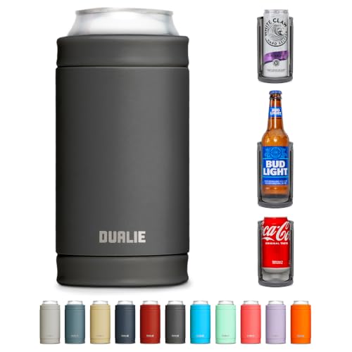 DUALIE 3 in 1 Insulated Can Cooler - Universal Size for 12 oz Cans, Slim Cans, and Bottles - Charcoal