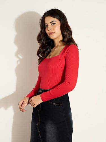 Image of SASSAFRAS Women's Slim Fit Full Sleeves Rib Square Neck Ribbed Basics - Casual Ribbed T-Shirt Tops