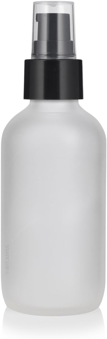 JUVITUS 4 oz Frosted Clear Glass Boston Round Bottle with Black Treatment Pump (6 Pack) + Funnel