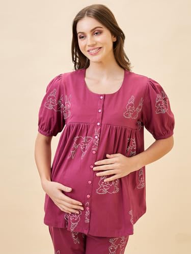 Image of AV2 Women's Cotton Printed Maternity & Feeding Night Suit Set of Top & Relaxed Capri Nursing Night Dress -2123