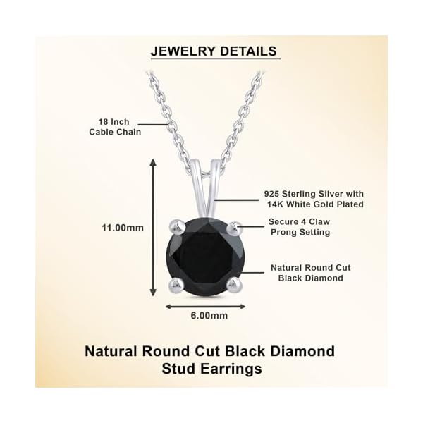 DEWBERRY 1/4 cttw to 2.00 cttw Round Black Diamond Solitaire Pendant Necklace for Women Men | 4 Prong Lobster Lock 18" Cable Chain Necklace in 14KT White or Yellow Gold Plating 925 Silver Pendant - Image 5