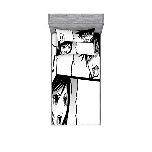 Ambesonne Anime Fitted Sheet & Pillow Sham Set, Japanese Comics Strip Boy and Girl Fight Scene Manga Image Cartoon Print, Decorative Printed 2 Piece Bedding Decor Set, Twin, White and Black