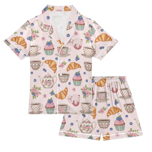 Satin Pajama Sets Short Sleeve Tea Time Sweet Treats Button Down Silky Nightwear 2 Piece PJS 5-14Y