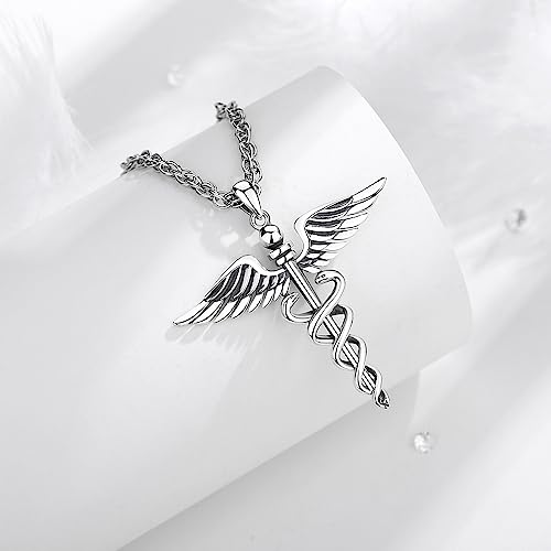 Vito Sterling Silver Caduceus Necklace for Women, RN Necklace Stethoscope Nurse Pendant Nurse Themed Jewelry Gifts for Doctor Graduation Medical, 22+2"3