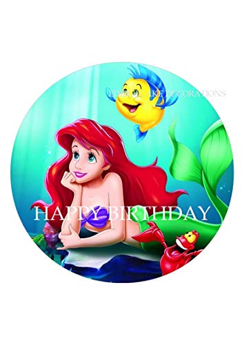 Lot de 1 décorations rondes en papier de riz comestible pour gâteau d'anniversaire Motif sirène Ariel Princesse Disney 19 cm