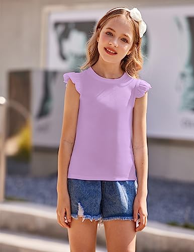 Image of Flypigs Girls T Shirts Ruffle Sleeve Summer Casual Ribbed Knit Crewneck Tee Tops Blouses