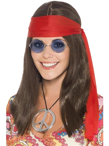 Kit hippie femme avec perruque brune et lunettes pour Halloween
