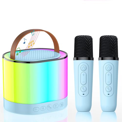 PZCC Mini machine de karaoké avec 2 microphones, machines de karaoké pour filles avec lumière LED, machine de karaoké sans fil avec rechargeable et connexion Bluetooth, idéale pour cadeau,