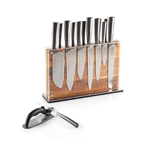 Schmidt Brothers – Natural Acacia Shiplap, 15-Piece Kitchen Knife Set, High-Carbon Stainless Steel Cutlery with Acacia Wood and Acrylic Magnetic Knife Block and Knife Sharpener (Natural Acacia)