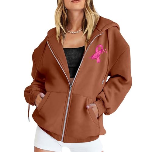 LKRSEEF Octobre Rose Sweat Femme Sweat Octobre Rose Pull a Capuche Veste mi Saison Zippé Foulard Sweats Automne Vetement Oversize Sport Sweatshirt Chaude Sweatshirts Marron L