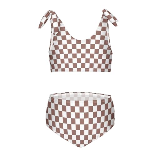 Wusikd Checkered Tile White Brown Girls Swimsuits Two Piece Swimwear Bikini Set for for Girls Size 11-12T