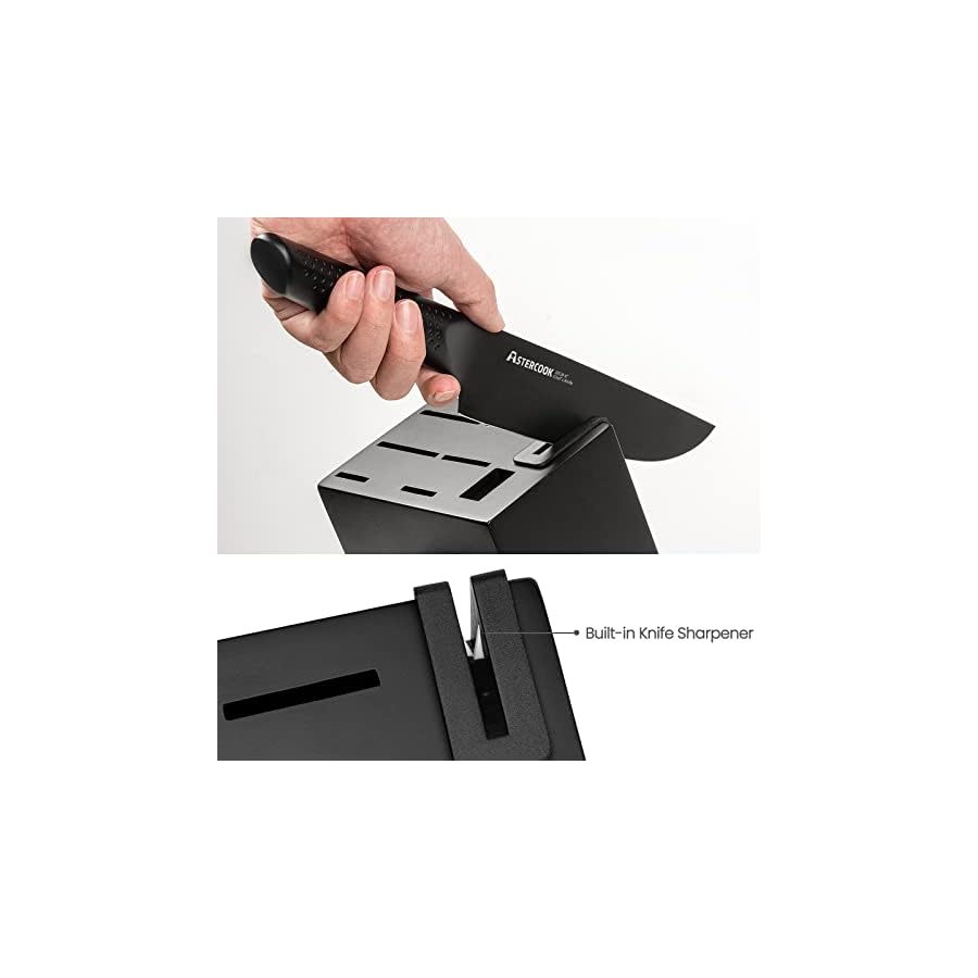 Astercook Knife Set, 15 Pieces Kitchen Knife Sets with Block and Built-in Knife Sharpener, German Stainless Steel Handle One-Piece Design Knives Block Set Dishwasher Safe, Black