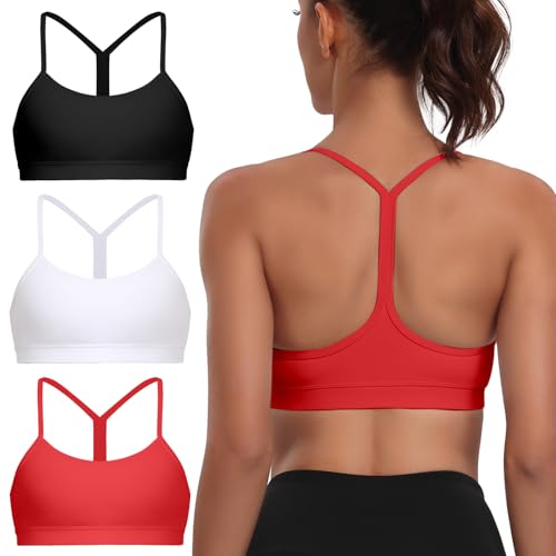 Image of Raxnode Women's 3-Pack Y-Back Sports Bra, Thin Spaghetti Strap Nylon Yoga Bra with Removable Cups, Light Support Bralettes