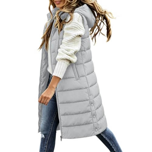 Image of Long Puffer Coats for Women Warm Longline Padded Qulited Gilet with Pockets