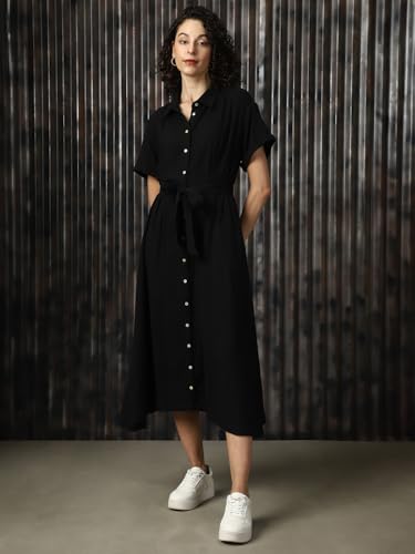 Buy High Star Women Cotton Solid Oversized Fit Spread Collar Black - Image 3
