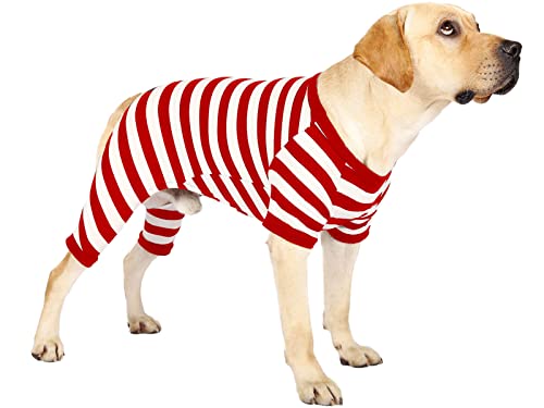 Dog Pajamas for Large Dogs, Cotton Thermal Dog Pjs Jumpsuit with Cover Legs Christmas Puppy Clothes, Striped Onesie Suit for Small Medium Large Dogs (XXX-Large, Redwhite)