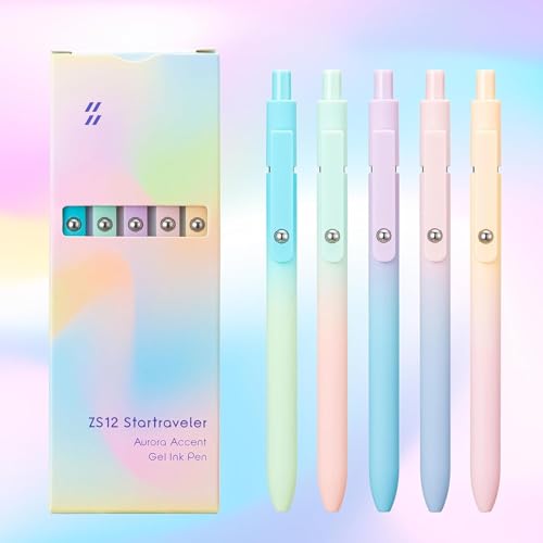 Image of 5PCS Retractable Gel Pens Set, Quick Dry Black Ink 0.5mm Fine Point Pens, Smooth Writing Rollerball Gel Ink Pens with Soft Touch Grip for School, Office & Home Use (Aurora Color)