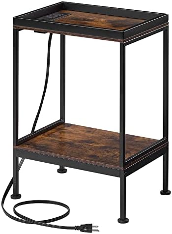 GIOPACO Small End Table with Charging Station and USB Ports, Small Side Table Nightstand with 2-Layer Storage Shelves for Small Spaces, Living Room, Bedroom, Rustic Brown (1)