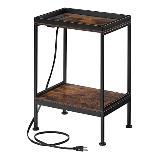 GIOPACO Small End Table with Charging Station and USB Ports, Small Side Table Nightstand with 2-Layer Storage Shelves for Small Spaces, Living Room, Bedroom, Rustic Brown (1)