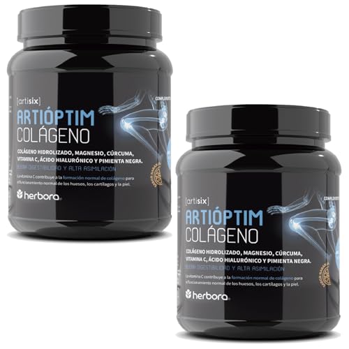 Herbora Artioptim Colágeno - Pack 2 x 350g - Con Magnesio, Ácido Hialurónico, Cúrcuma, Vitamina C y Pimienta Negra - Ayuda al Funcionamiento de los Huesos, los Cartílagos y la Piel - Sabor Naranja